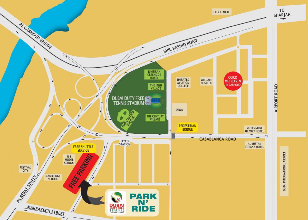 دبئی ڈیوٹی فری ٹینس اسٹیڈیم کے محل وقوع کا نقشہ